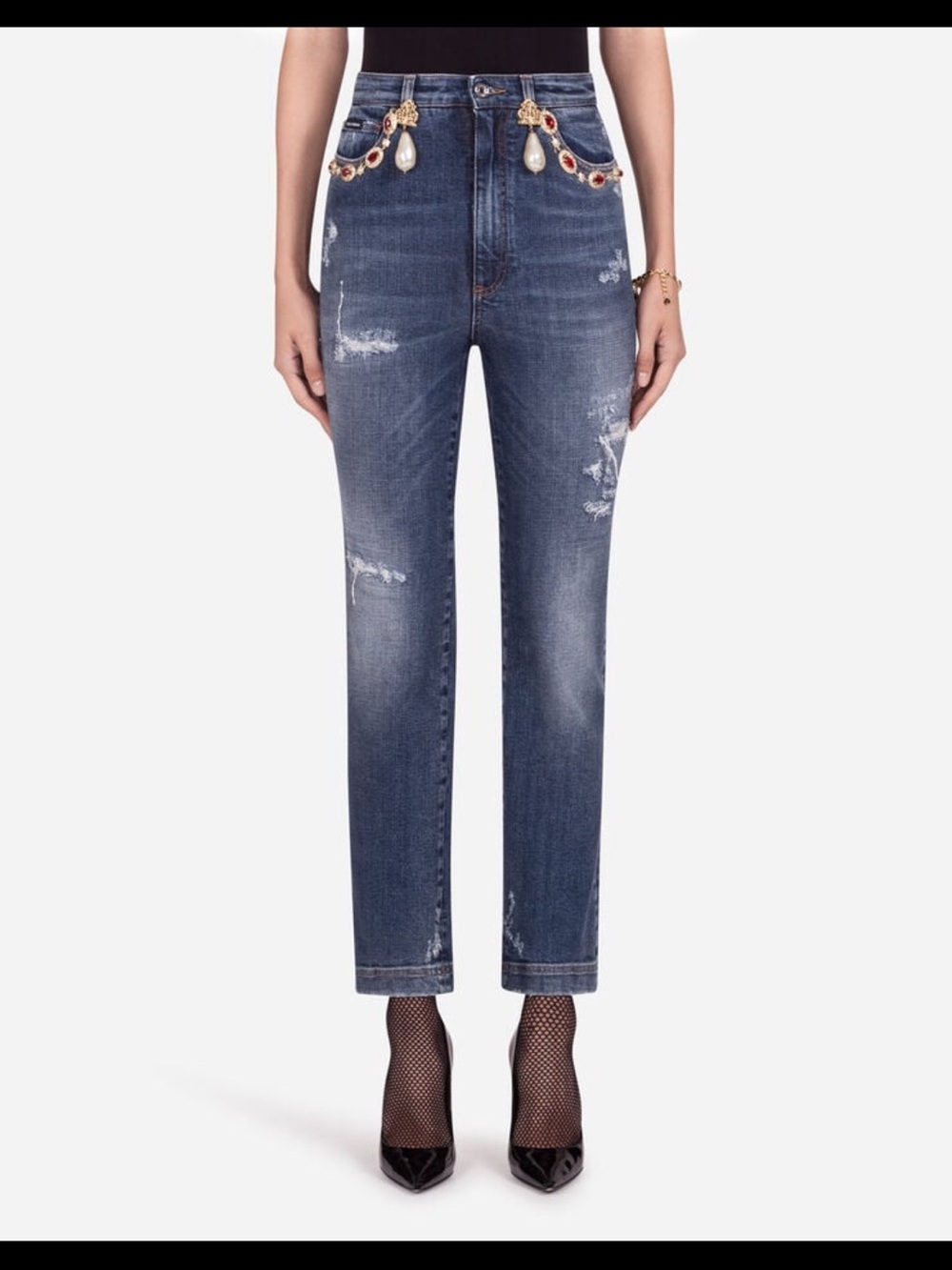 Dolce & Gabbana Dark Blue Straight-Leg Jeans with Gem Trim